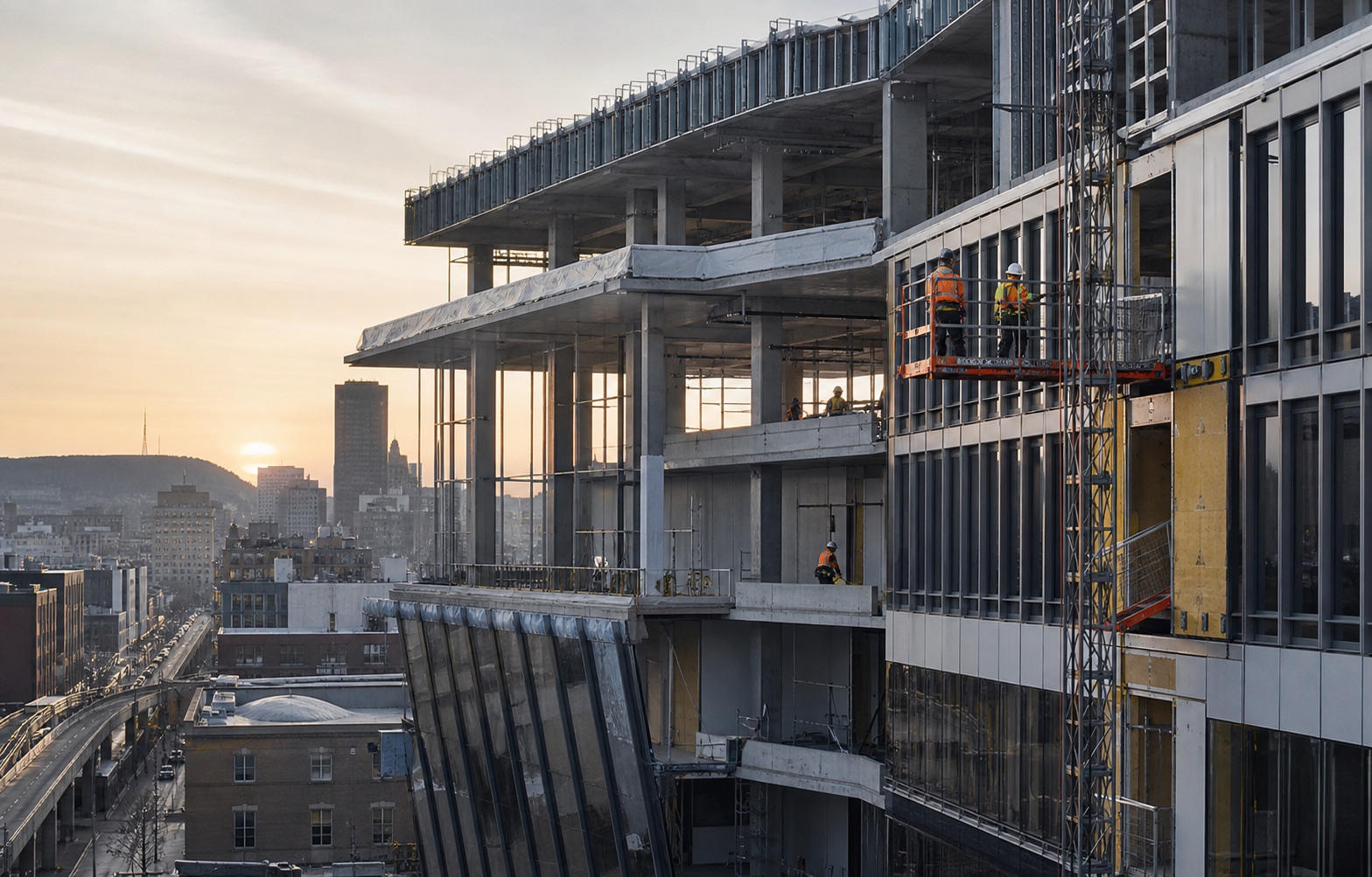 Travailleurs sur la façade d’un chantier commercial.